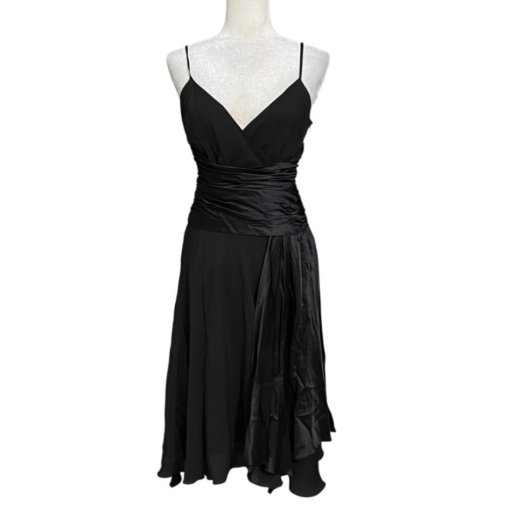 Papell Boutique Evening Black Silk Dress Womens 6 Ruched Spaghetti Strap Cocktai